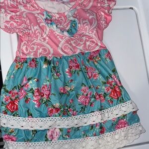 Floral Pink and Blue Dress with Lace Trim
